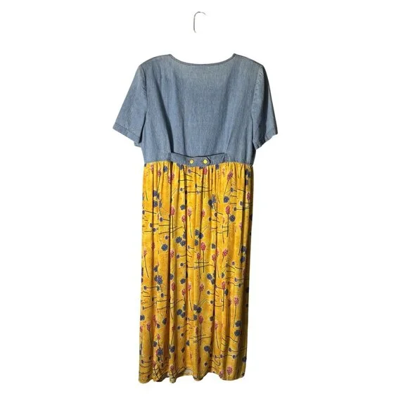 Vintage Karlie Collection Denim & Floral Midi Dress Size 14 Yellow & Blue - Picture 3 of 11